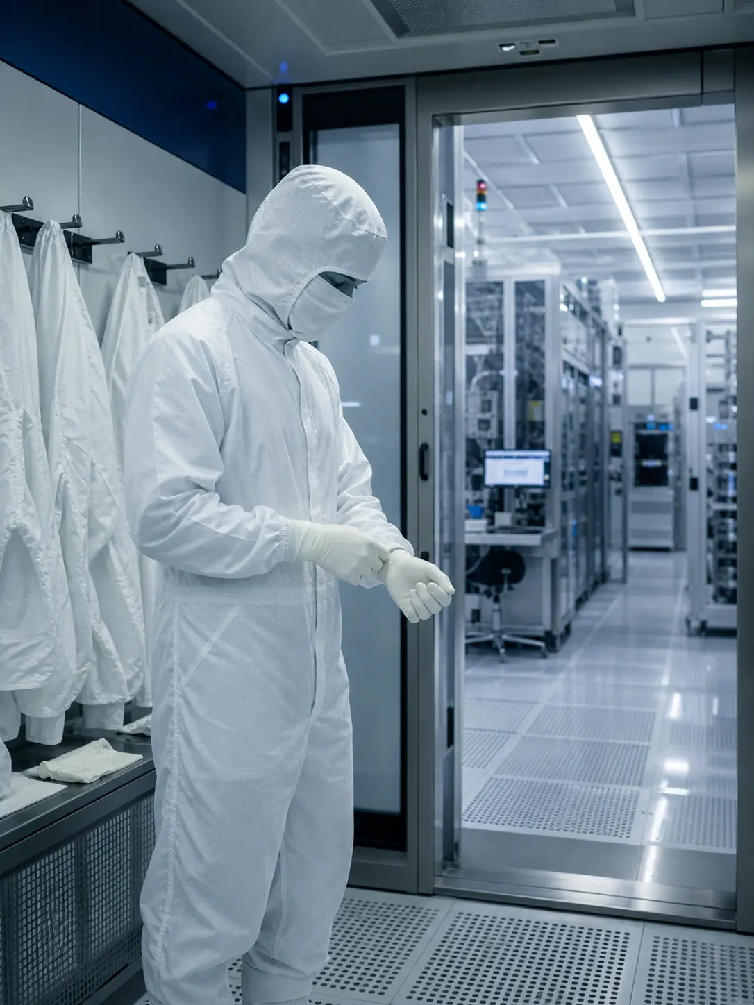 Cleanroom engineer completing gown-up before entering the fab floor