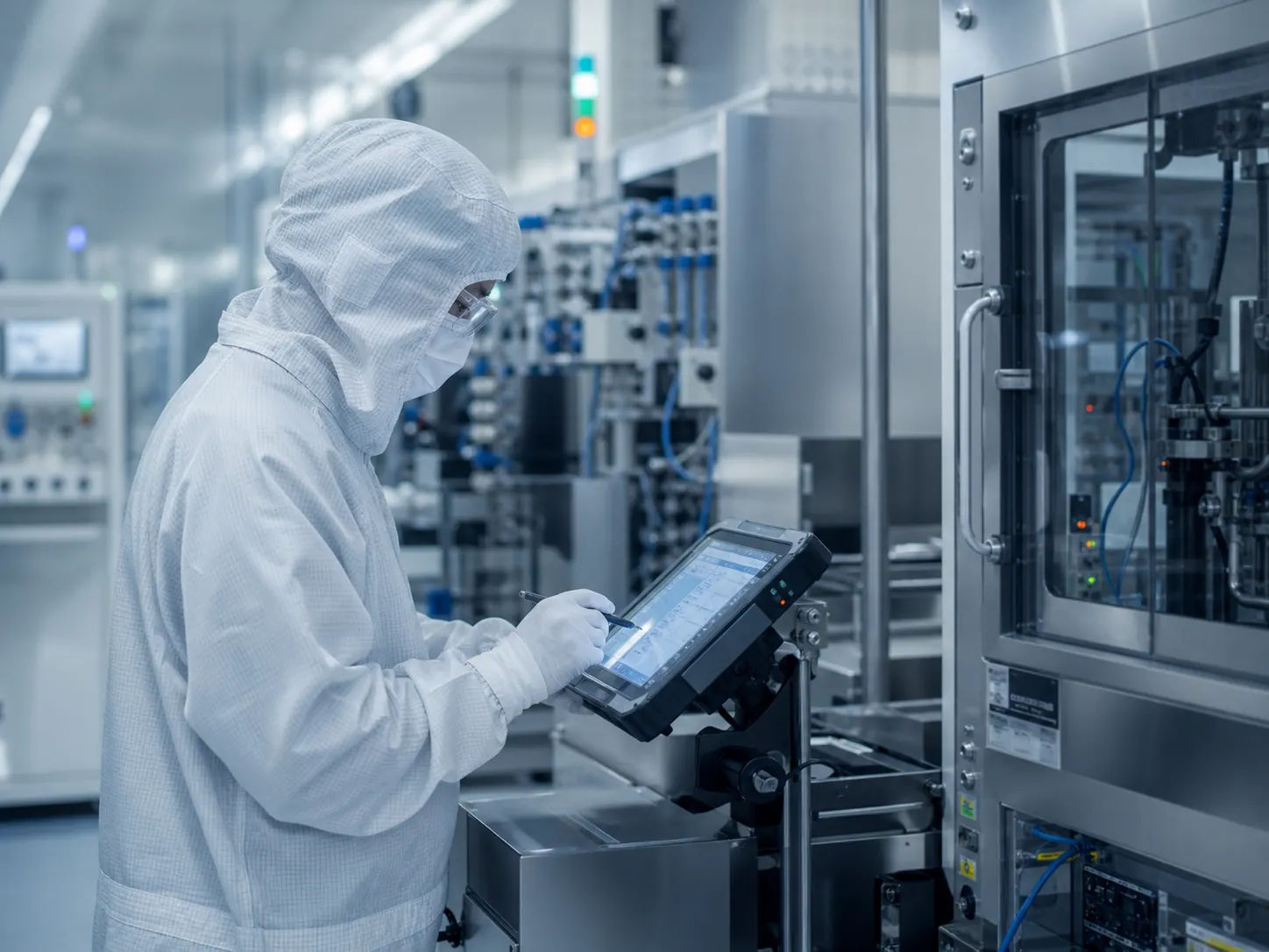 Process engineer reviewing fab data beside semiconductor equipment