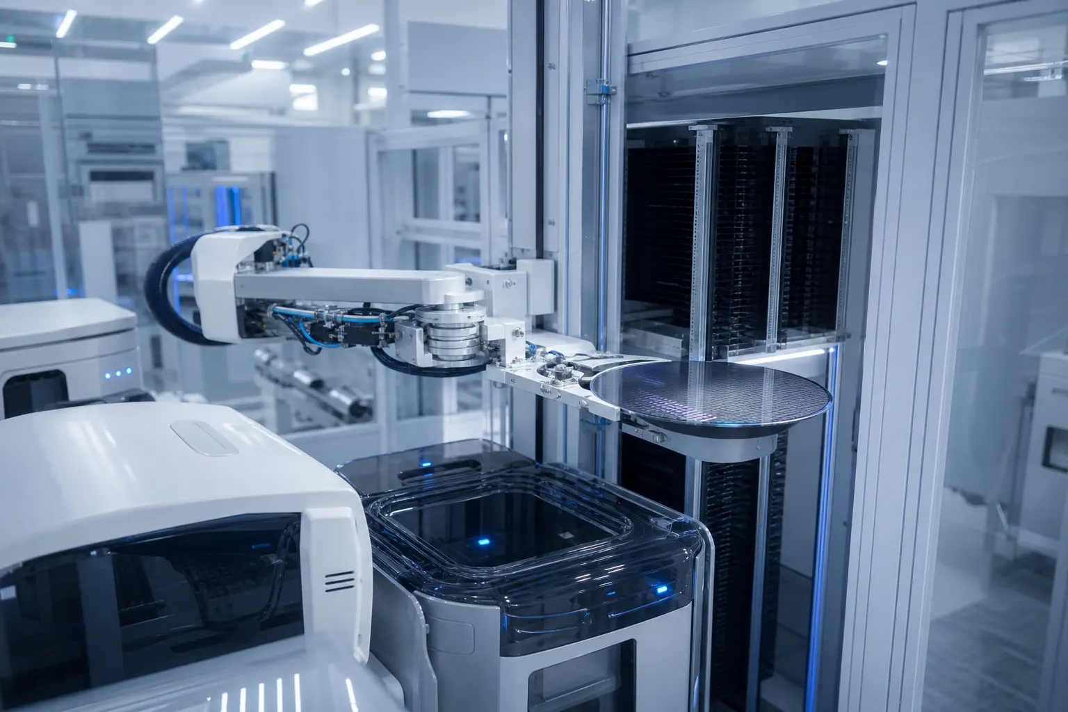 Automated wafer handler moving a silicon wafer between carriers